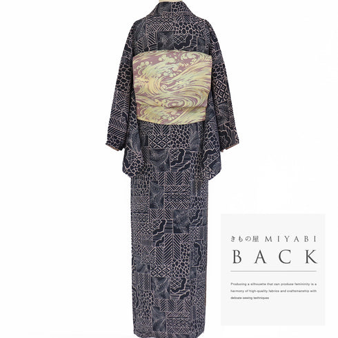 小紋 リサイクル 身丈160.6cm 裄65.2cm 袷 裂取り柄 ネイビー Lサイズ お洒落 カジュアル 正絹 広衿 Aランク