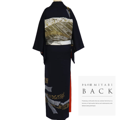 付下げ リサイクル 身丈159.2cm 裄63.2cm 袷 部分絞り 刺繍加工 箔加工 七宝柄 小花柄 ネイビー Mサイズ お洒落 正絹 広衿 Aランク