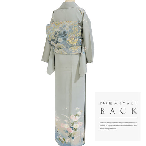 訪問着 リサイクル 身丈162.5cm 裄64.4cm 袷 花各種柄 箔 グリーン Lサイズ セミフォーマル お洒落 正絹 広衿 Aランク