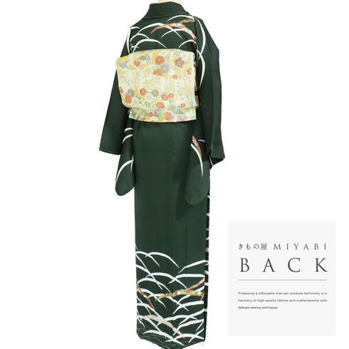 訪問着 リサイクル 身丈167.2cm 裄66.4cm 袷 雪芝柄 金駒刺繍 グリーン LLサイズ お洒落 正絹 広衿 Sランク