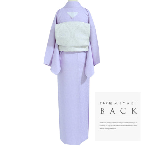 色無地 リサイクル 身丈156cm 裄66cm 袷 草花柄 パープル Mサイズ セミフォーマル お洒落 一つ紋 しつけ糸 不明 広衿 地紋あり Sランク