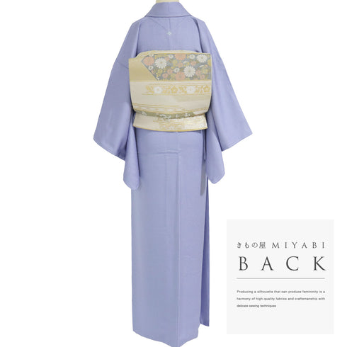 色無地 リサイクル 身丈164cm 裄63.4cm 袷 パープル Lサイズ セミフォーマル 一つ紋 しつけ糸 正絹 広衿 地紋あり Sランク