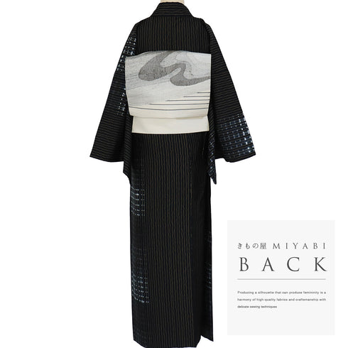 訪問着 リサイクル 身丈160.8cm 裄69.8cm 袷 染め紬 縞模様 水玉模様 絞り ブラック Lサイズ お洒落 カジュアル 正絹 広衿 Aランク