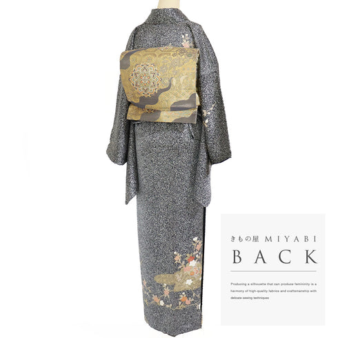 訪問着 リサイクル 身丈167.3cm 裄70.2cm 袷 短冊に花柄 金駒刺繍 箔 ブラック LLサイズ お洒落 正絹 広衿 Sランク