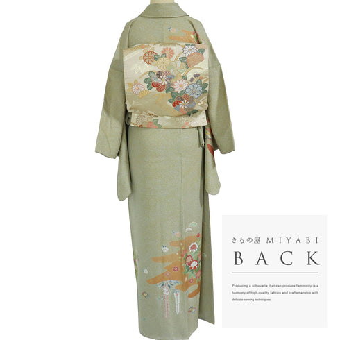 訪問着 リサイクル 身丈157cm 裄65.2cm 袷 松井清々 箔 松竹梅柄 グリーン Mサイズ セミフォーマル 落款 正絹 広衿 Sランク