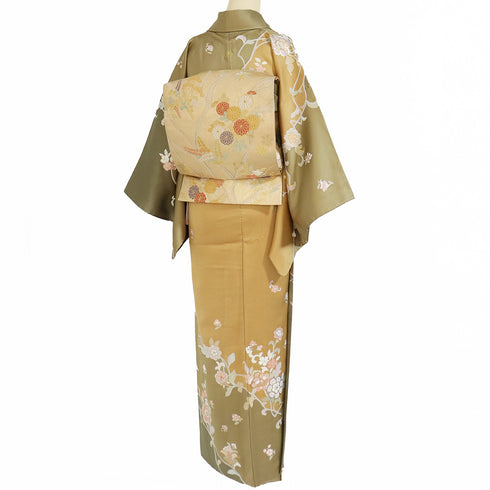 訪問着 リサイクル 身丈149cm 裄62.4cm 袷 花唐草模様 刺繍 金駒 ブラウン SSサイズ セミフォーマル 落款 一つ紋 正絹 広衿 Sランク