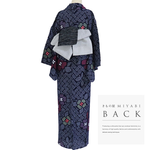 浴衣 リサイクル 夏着物 身丈149.5cm 裄64.4cm 夏物 絞り 花柄 ネイビー SSサイズ カジュアル しつけ糸 木綿 洗える着物 バチ衿 Sランク