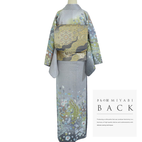 訪問着 身丈158.5cm 裄66.8cm 袷 辻ヶ花模様 グレー Mサイズ フォーマル お洒落 正絹 広衿 Sランク