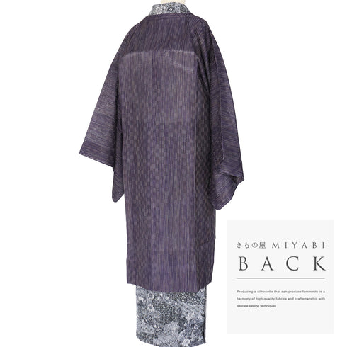 道行コート リサイクル 身丈111.8cm 裄71.6cm 単衣 格子柄 スリーシーズン 薄物 奄美大島本泥染 パープル LLサイズ お洒落 証紙 正絹 Sランク