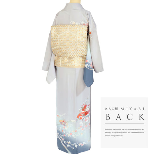 訪問着 リサイクル 身丈164.2cm 裄66.4cm 袷 地紙に菊柄 箔 グレー Lサイズ セミフォーマル お洒落 正絹 広衿 Sランク