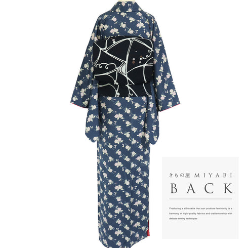 小紋 リサイクル 身丈164cm 裄65.5cm 袷 花柄 ブルー Lサイズ お洒落 カジュアル 正絹 広衿 Sランク