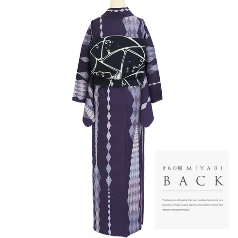 小紋 リサイクル 身丈152cm 裄64cm 袷 菱つなぎ柄 地紋 松本伸 パープル Sサイズ お洒落 カジュアル 正絹 バチ衿 Aランク