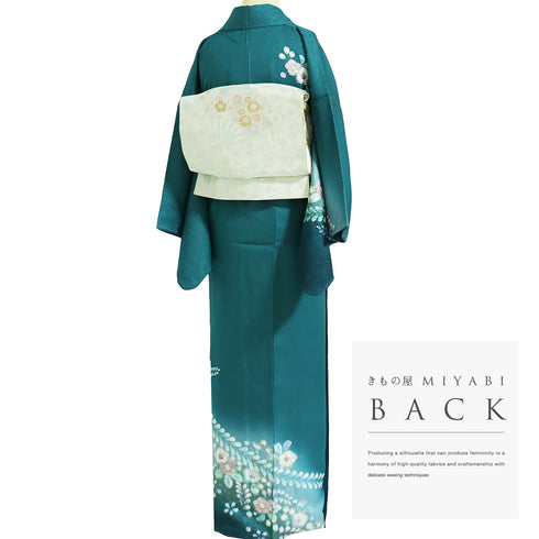 訪問着 リサイクル 身丈164cm 裄64.2cm 袷 付け下げ訪問着 辻ヶ花文様 絞り グリーン Lサイズ お洒落 正絹 広衿 Sランク