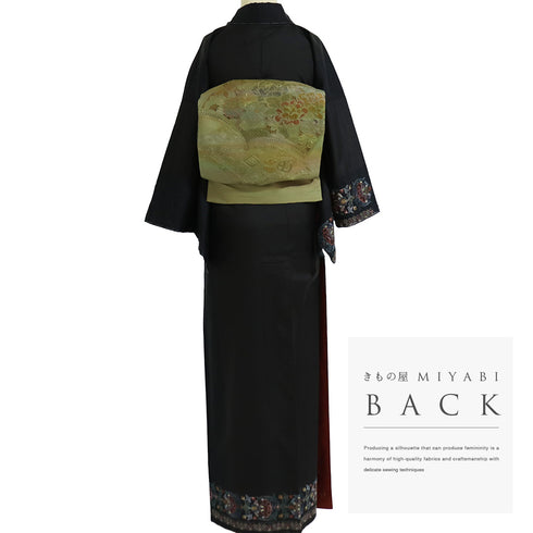 付下げ リサイクル 身丈162cm 裄64.6cm 袷 付下げ訪問着 紬 汕頭刺繍 相良刺繍 オリエンタル柄 ブラック Lサイズ お洒落 正絹 広衿 Sランク