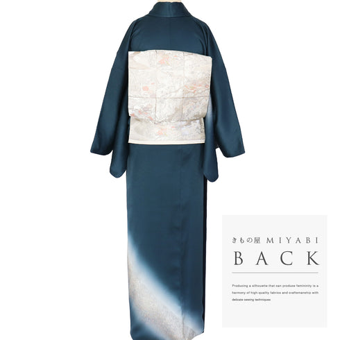 付下げ リサイクル 身丈170.8cm 裄68.4cm 袷 鳳凰に花唐草柄 地紋 箔 金彩 螺鈿風 ネイビー LLサイズ お洒落 正絹 広衿 Sランク