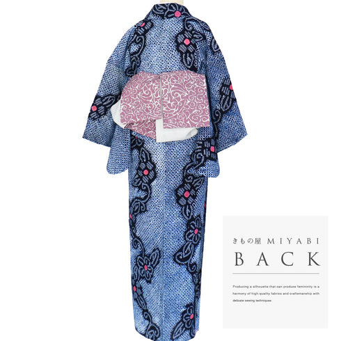 浴衣 リサイクル 夏着物 身丈162.8cm 裄63.2cm 夏物 絞り 花柄 ネイビー Lサイズ カジュアル 木綿 洗える着物 バチ衿 Sランク