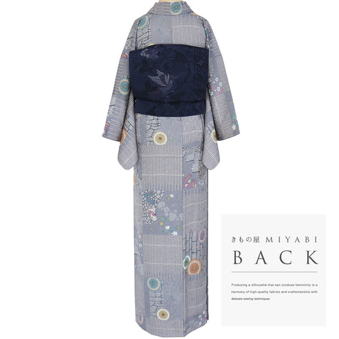 小紋 リサイクル 身丈163cm 裄62.8cm 袷 石畳に番傘や草履柄 地紋 グレー Lサイズ お洒落 カジュアル 正絹 広衿 Sランク