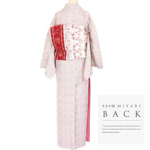 紬 リサイクル 身丈156.5cm 裄68.4cm 袷 幾何学華文様 ベージュ Mサイズ お洒落 カジュアル しつけ糸 正絹 広衿 Aランク