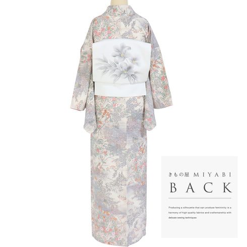 小紋 リサイクル 身丈156.5cm 裄64.4cm 袷 水辺の風景に花や鳥柄 地紋 ベージュ Mサイズ お洒落 カジュアル 正絹 広衿 Sランク