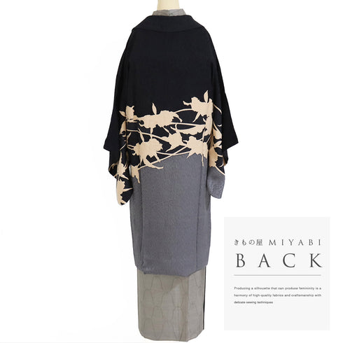 コート リサイクル 身丈106cm 裄66.4cm 袷 ロング変わり衿コート 絵羽柄 草花のシルエット柄 多色 Mサイズ お洒落 正絹 Sランク