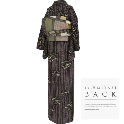 小紋 リサイクル 身丈164.5cm 裄64.8cm 袷 臈纈染め 竹柄 変わり織り 洛遊庵 ブラウン Lサイズ お洒落 カジュアル 正絹 広衿 Sランク