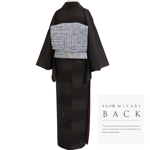 小紋 リサイクル 身丈161.7cm 裄64.8cm 袷 ミシン刺繍 織段ボカシ柄 ブラウン Lサイズ お洒落 カジュアル 正絹 広衿 Sランク