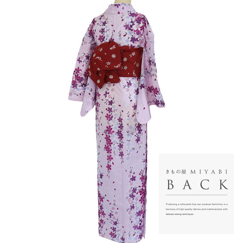 浴衣 リサイクル 夏着物 身丈166cm 裄67cm 夏物 枝垂れ桜 変わり織り 既製品 ピンク LLサイズ カジュアル 木綿 洗える着物 バチ衿 Aランク