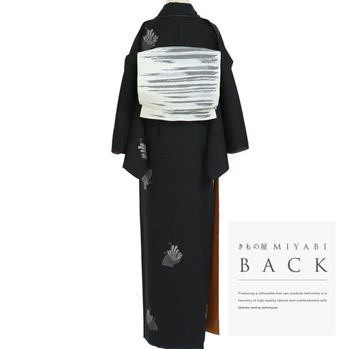 大島紬 リサイクル 身丈163.8cm 裄66.8cm 袷 地紙にデザイン蝶柄 ブラック Lサイズ お洒落 カジュアル 証紙 しつけ糸 正絹 広衿 Sランク