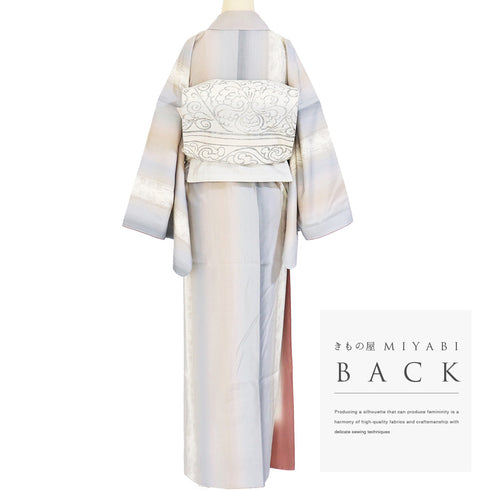 結城紬 リサイクル 身丈156.7cm 裄70.4cm 袷 草花柄 織人 倉持愛子 縦ぼかし グレー Mサイズ お洒落 カジュアル 証紙 しつけ糸 正絹 広衿 Sランク