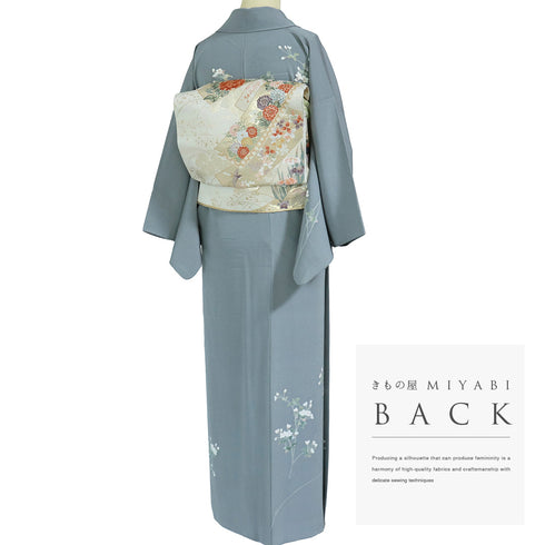 訪問着 リサイクル 身丈151cm 裄62.4cm 袷 花鳥柄 峰山 グレー Sサイズ お洒落 落款 正絹 広衿 Sランク