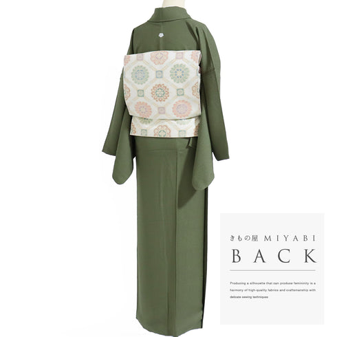 色無地 リサイクル 身丈161cm 裄68.8cm 袷 グリーン Lサイズ セミフォーマル 一つ紋 正絹 広衿 地紋あり Sランク