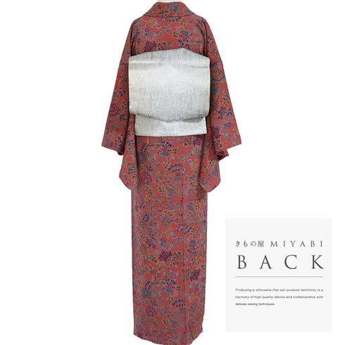 小紋 リサイクル 身丈163cm 裄67.4cm 袷 花唐草柄 ピンク Lサイズ お洒落 カジュアル 正絹 広衿 Sランク