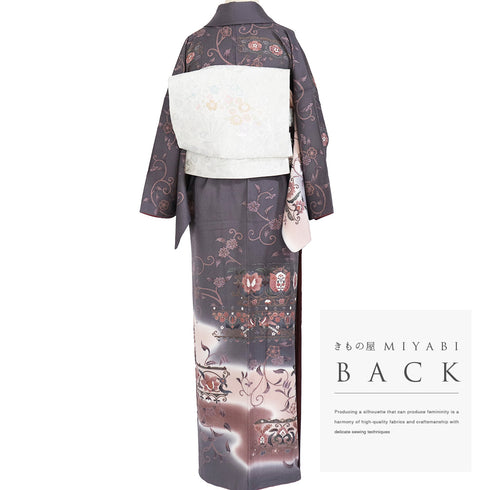 訪問着 リサイクル 身丈155.8cm 裄64.6cm 袷 更紗柄 グレー Mサイズ お洒落 正絹 広衿 Aランク