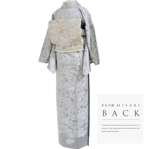 訪問着 リサイクル 身丈163.5cm 裄66cm 袷 鳳凰に花や蝶柄 山岡古都 天目織 グレー Lサイズ お洒落 正絹 広衿 Aランク