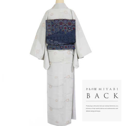 小紋 リサイクル 身丈153.8cm 裄64.8cm 袷 お召 菊やデザイン鶴 パールトーン加工 グレー Sサイズ お洒落 正絹 広衿 Sランク