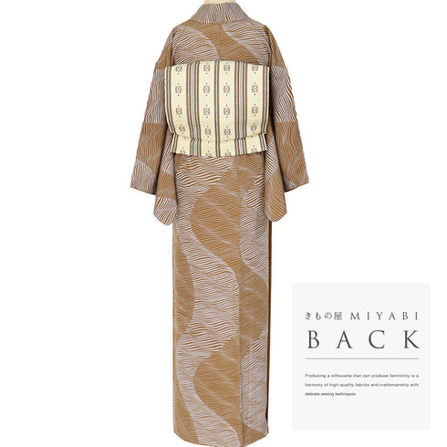 小紋 リサイクル 身丈158.2cm 裄64.4cm 袷 デザイン横縞柄 ブラウン Mサイズ お洒落 カジュアル 正絹 広衿 Sランク