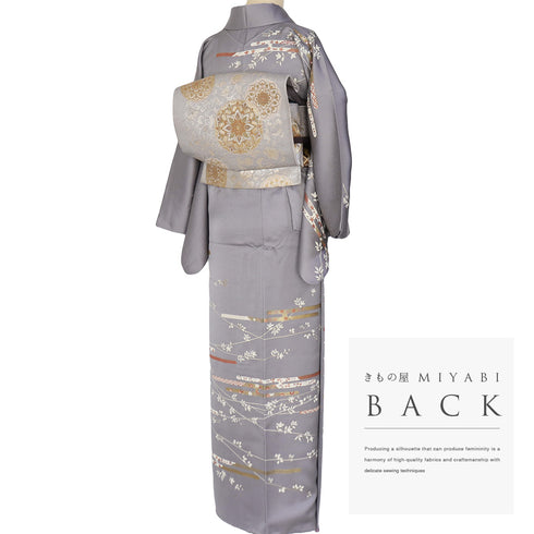訪問着 リサイクル 身丈160cm 裄66.8cm 袷 エ霞に橘や藤柄 地紋 刺繍 箔 パールトーン加工 パープル Mサイズ セミフォーマル 正絹 広衿 Aランク