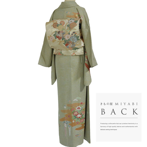 訪問着 リサイクル 身丈157cm 裄65.2cm 袷 松井清々 箔 松竹梅柄 グリーン Mサイズ セミフォーマル 落款 正絹 広衿 Sランク