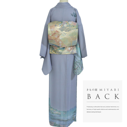 訪問着 リサイクル 身丈167.5cm 裄66.4cm 袷 京都嵐山渡月橋柄 箔 パープル LLサイズ お洒落 正絹 広衿 Sランク