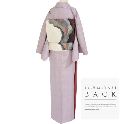 紬 リサイクル 身丈167.3cm 裄68.4cm 袷 デザイン格子柄 ピンク LLサイズ お洒落 カジュアル しつけ糸 正絹 広衿 Sランク