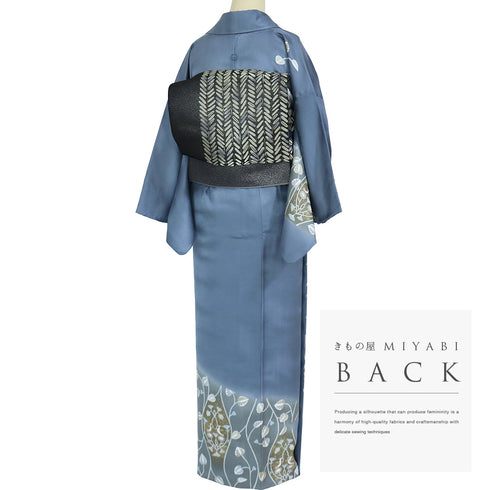 訪問着 リサイクル 身丈155cm 裄63.6cm 袷 葵の葉柄 箔 ブルー Sサイズ セミフォーマル 一つ紋 正絹 広衿 Sランク