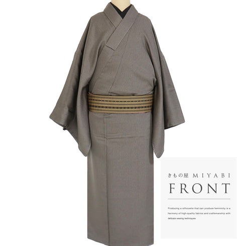 アンサンブル 男物 リサイクル 身丈142.2cm 裄74cm 羽織丈94cm 袷 長襦袢付き ゆったり ブラウン Sサイズ お洒落 カジュアル しつけ糸 正絹 棒衿 未使用品