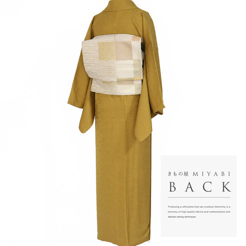 色無地 リサイクル 身丈154.3cm 裄64.4cm 袷 八重梅模様 織り出し イエロー Sサイズ セミフォーマル 一つ紋 正絹 広衿 地紋あり Sランク