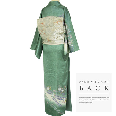 訪問着 リサイクル 身丈166.3cm 裄66cm 袷 ミシン仕立て 後絞り加工 辻が花模様 胴裏化繊 グリーン LLサイズ お洒落 正絹 広衿 Aランク