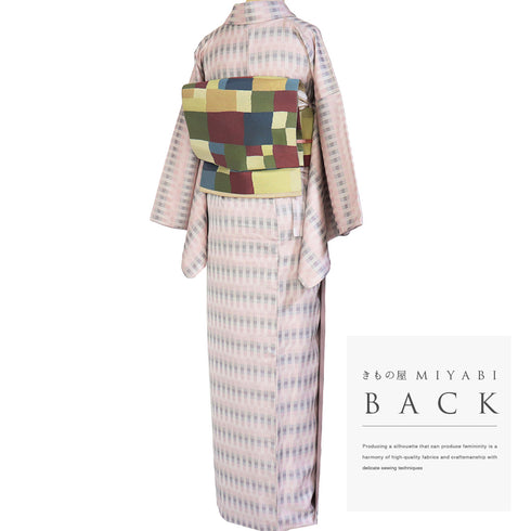 小紋 リサイクル 身丈163.7cm 裄66.8cm 袷 ゆったりサイズ 格子柄 ピンク Lサイズ お洒落 カジュアル 不明 広衿 Sランク