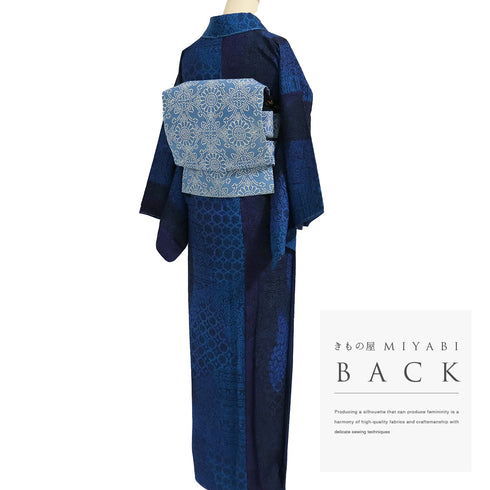 小紋 リサイクル 身丈147cm 裄62.8cm 袷 更紗柄 地紋 ブルー SSサイズ お洒落 カジュアル 正絹 広衿 Sランク