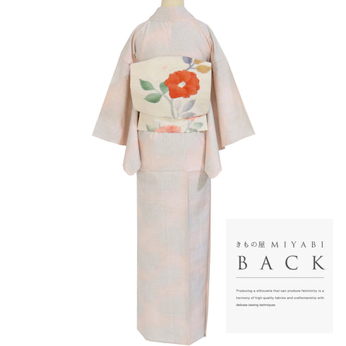 紬 リサイクル 身丈160.7cm 裄62.4cm 単衣 ぼかし柄 ピンク Lサイズ カジュアル お洒落 しつけ糸 正絹 バチ衿 Sランク