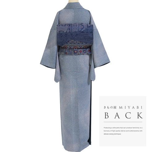 小紋 リサイクル 身丈155.5cm 裄64.6cm 袷 横縞ボカシ たたき ブルー Mサイズ お洒落 正絹 広衿 Sランク