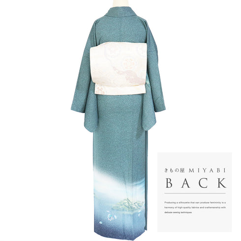 訪問着 リサイクル 身丈161.2cm 裄68.8cm 袷 風景柄 山柄 グリーン Lサイズ お洒落 セミフォーマル 正絹 広衿 Sランク