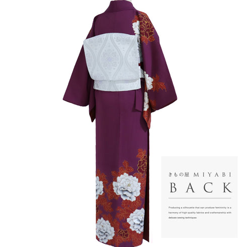 訪問着 リサイクル 身丈154cm 裄65.2cm 袷 牡丹柄 部分刺繍 箔加工 パープル Sサイズ セミフォーマル お洒落 正絹 広衿 Aランク